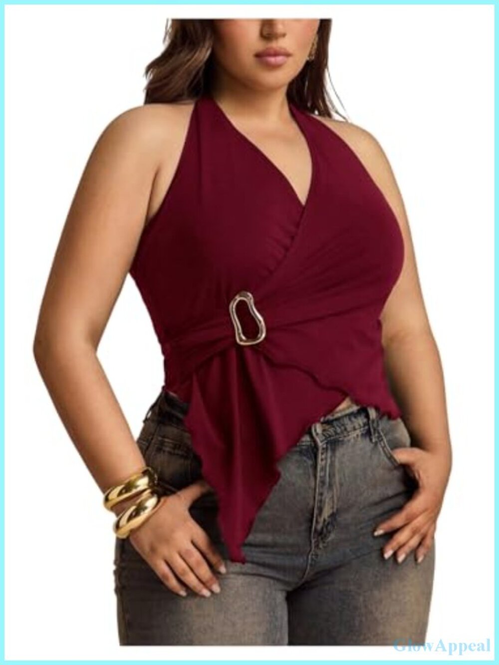 Plus Size Halter Tank Top Sleeveless Metal Ring Y2K Going Out Top